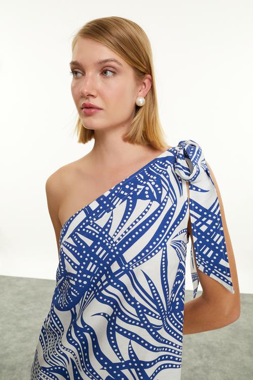  FLORAL BASKILI TEK OMUZ MİDİ ELBİSE