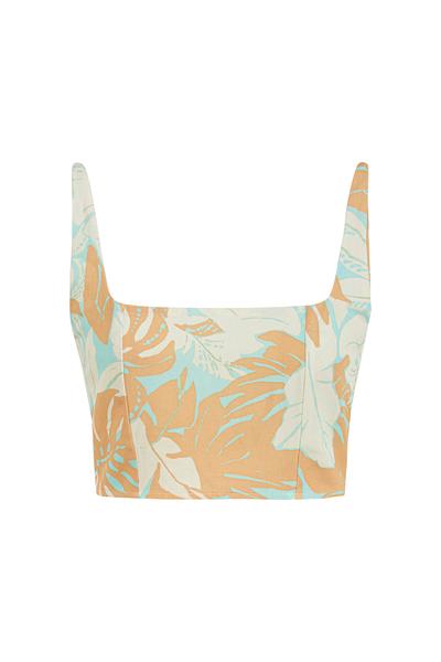 Mudo Çiçek Baskılı Keten Karışımlı Crop Bluz