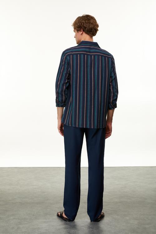  KETEN KARIŞIMLI REGULAR FIT ÇİZGİLİ GÖMLEK