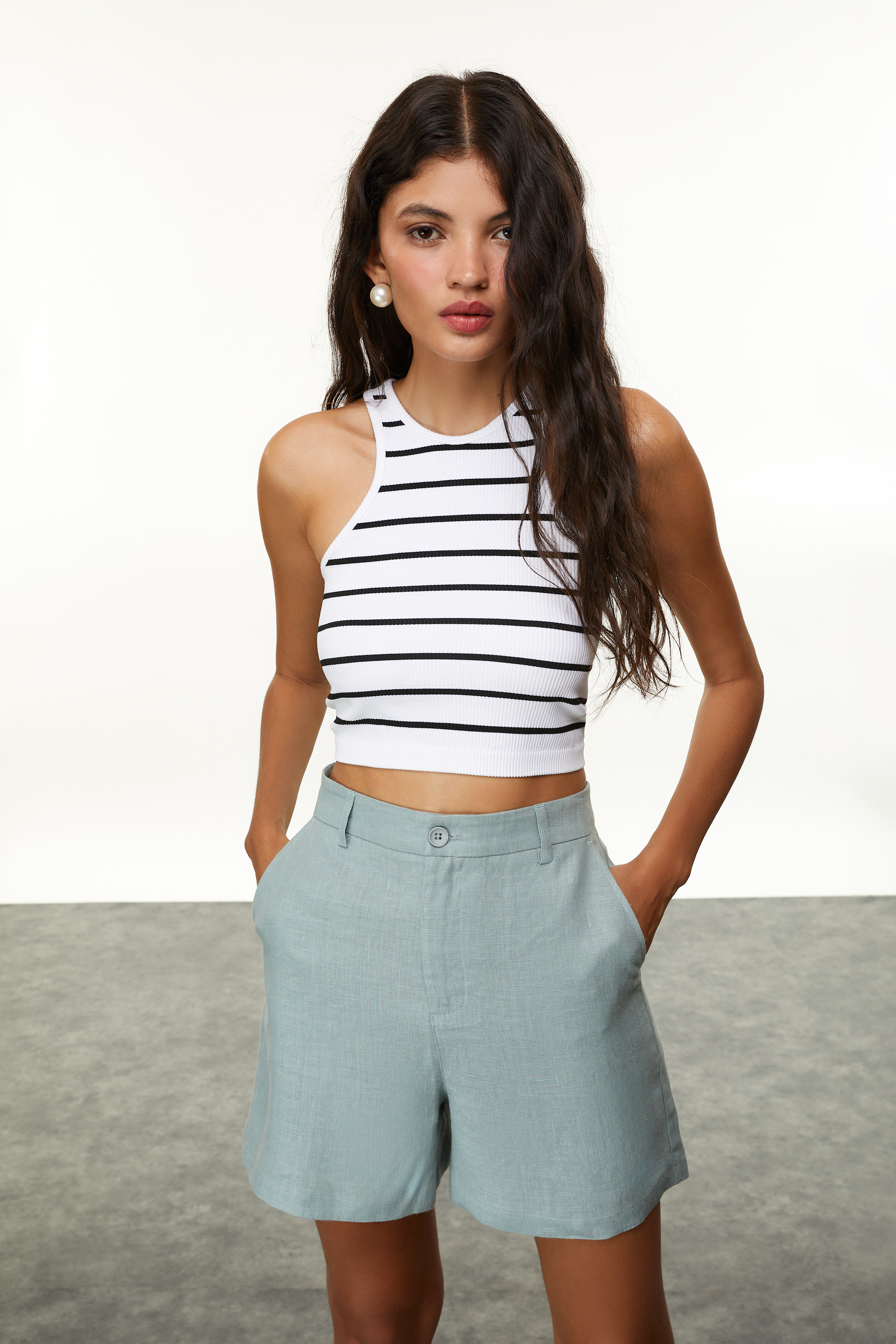 ÇİZGİLİ BİSİKLET YAKA CROP BLUZ