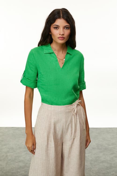  KETEN KARIŞIMLI ÇİZGİLİ BAĞLAMA DETAYLI PANTOLON