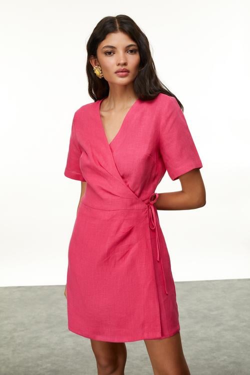  V YAKA KRUVAZE BAĞLAMALI ELBİSE