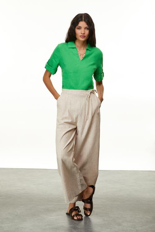  KETEN KARIŞIMLI ÇİZGİLİ BAĞLAMA DETAYLI PANTOLON