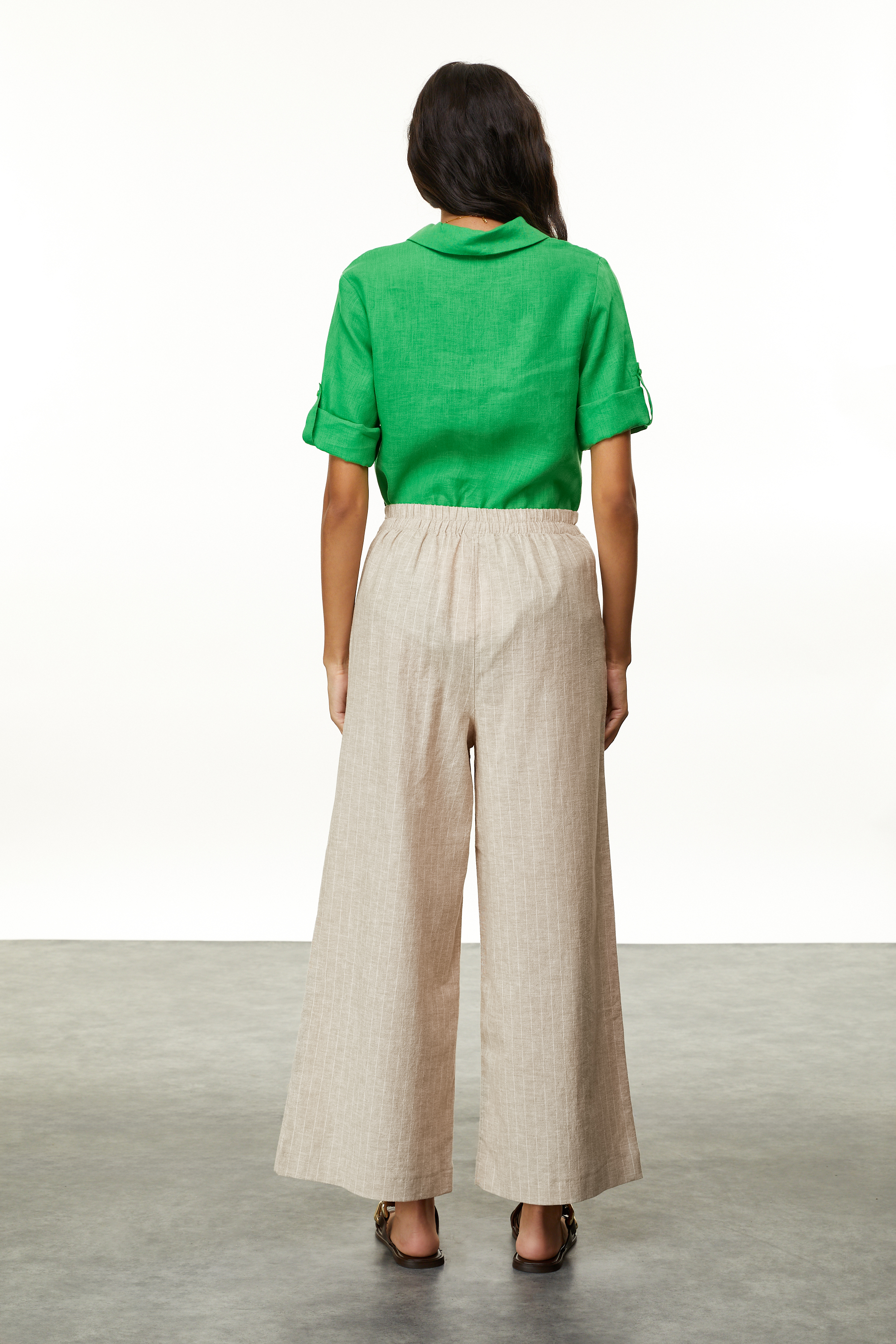 KETEN KARIŞIMLI ÇİZGİLİ BAĞLAMA DETAYLI PANTOLON