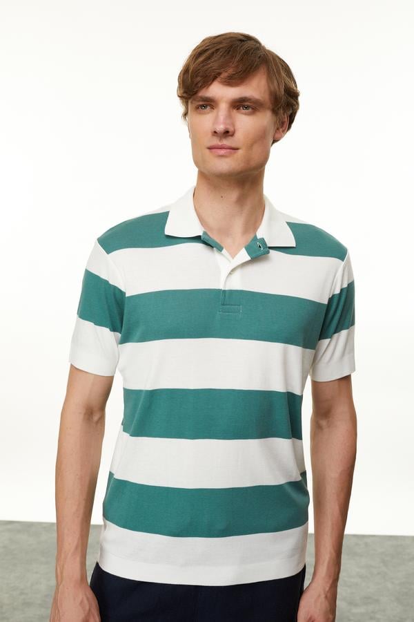 o_o728ページ Erkek Yeşil Polo Yaka Çizgili T-Shirt | mudo