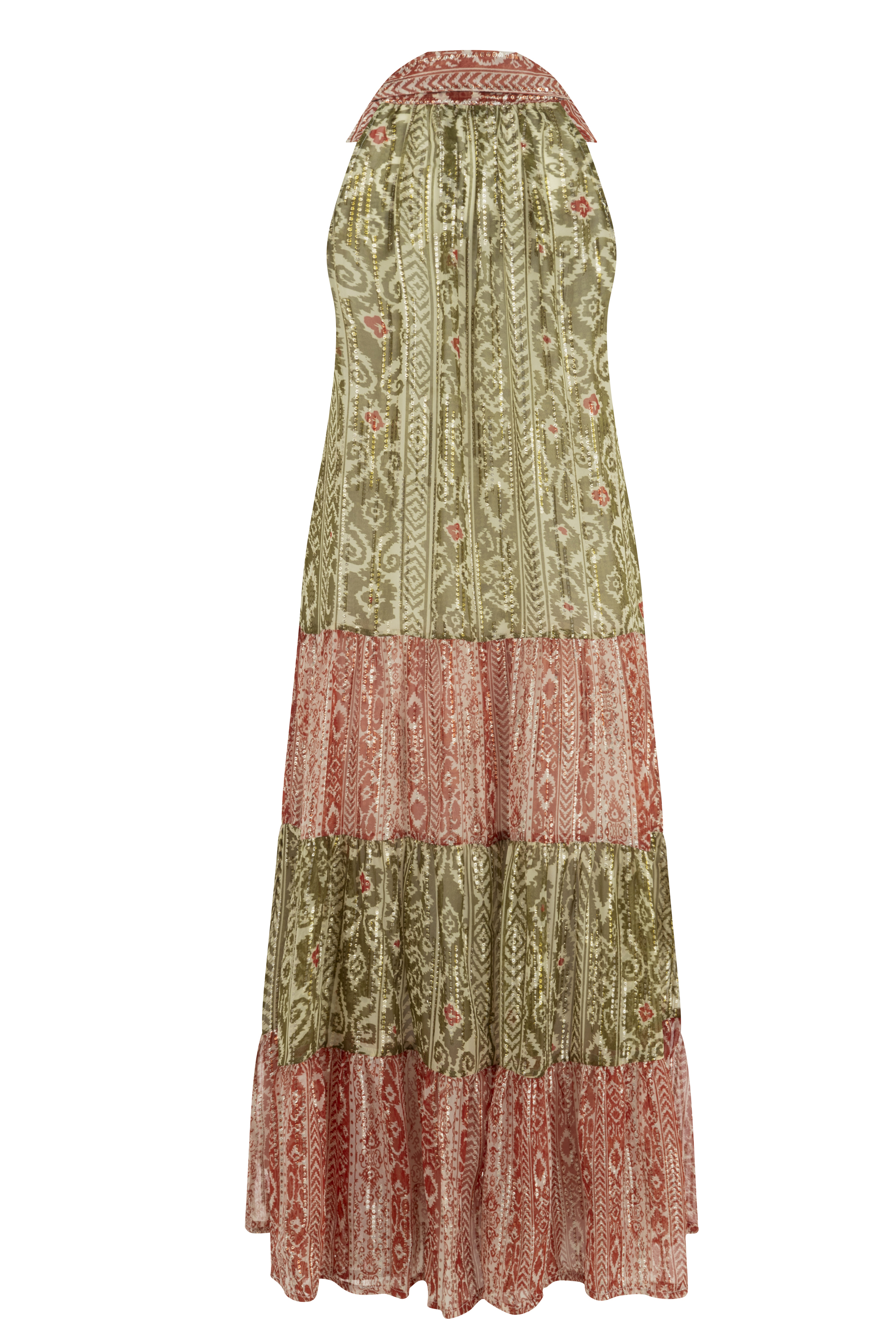 ETNİK BASKILI KOLSUZ UZUN ELBİSE