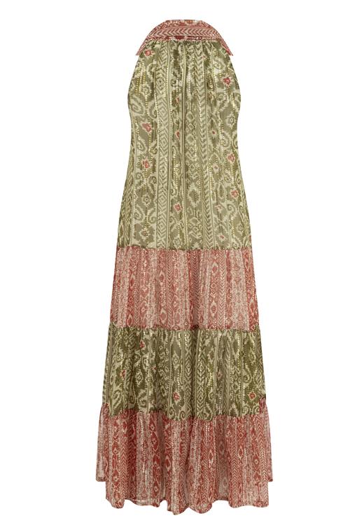  ETNİK BASKILI KOLSUZ UZUN ELBİSE