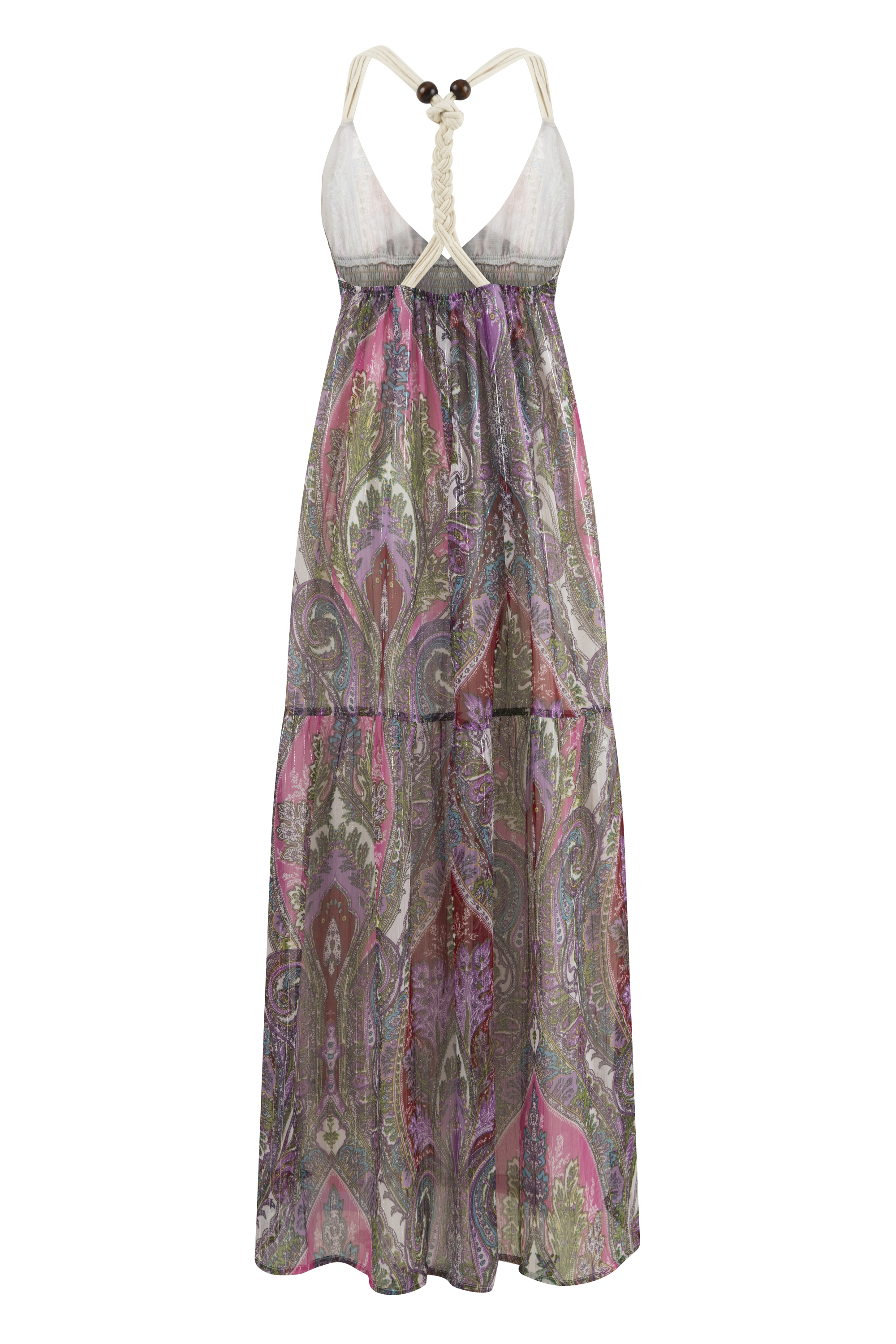 BOYUNDAN BAĞLAMALI BASKILI UZUN ELBİSE