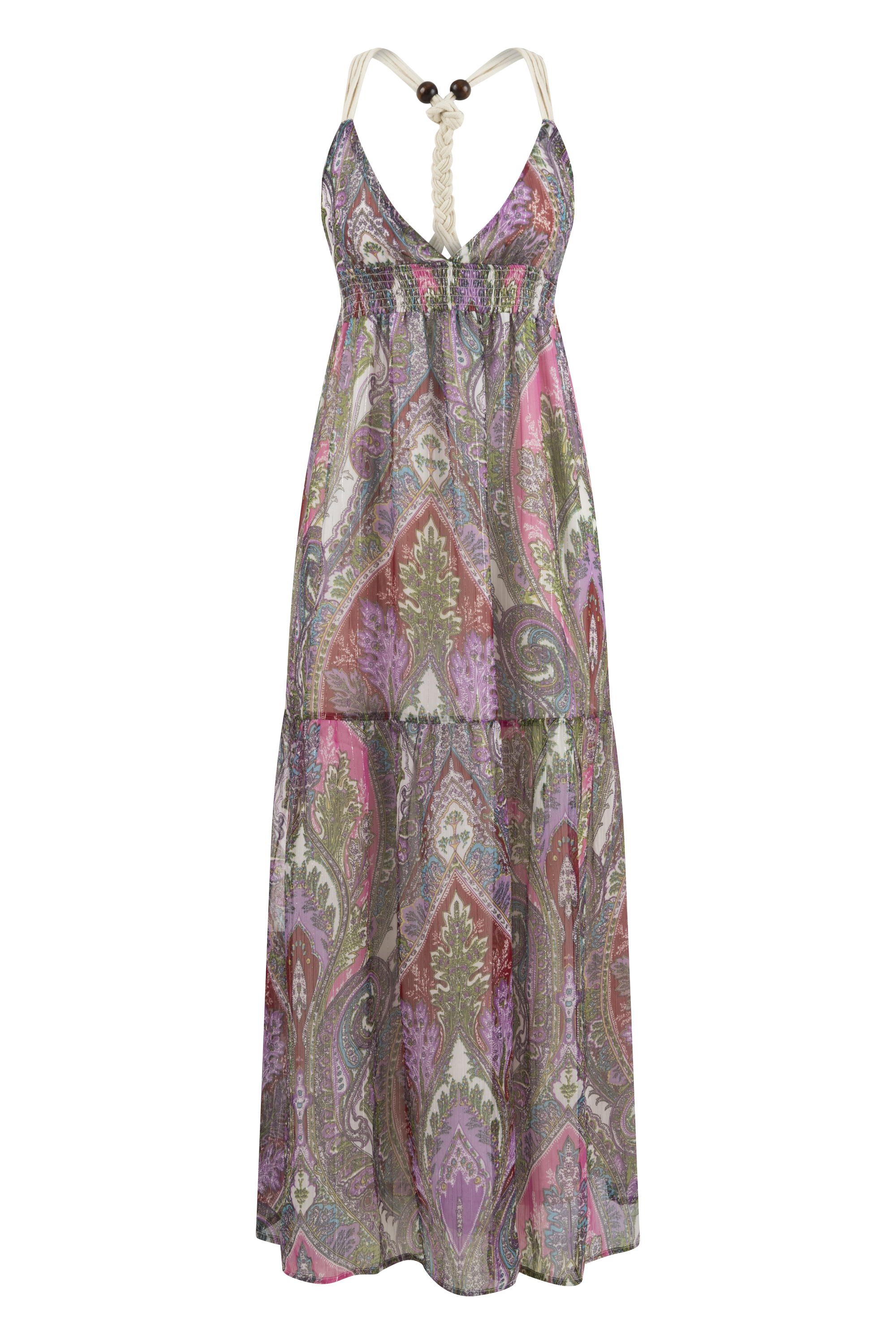 BOYUNDAN BAĞLAMALI BASKILI UZUN ELBİSE