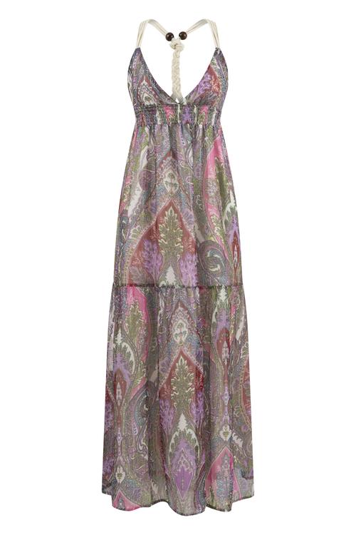  BOYUNDAN BAĞLAMALI BASKILI UZUN ELBİSE