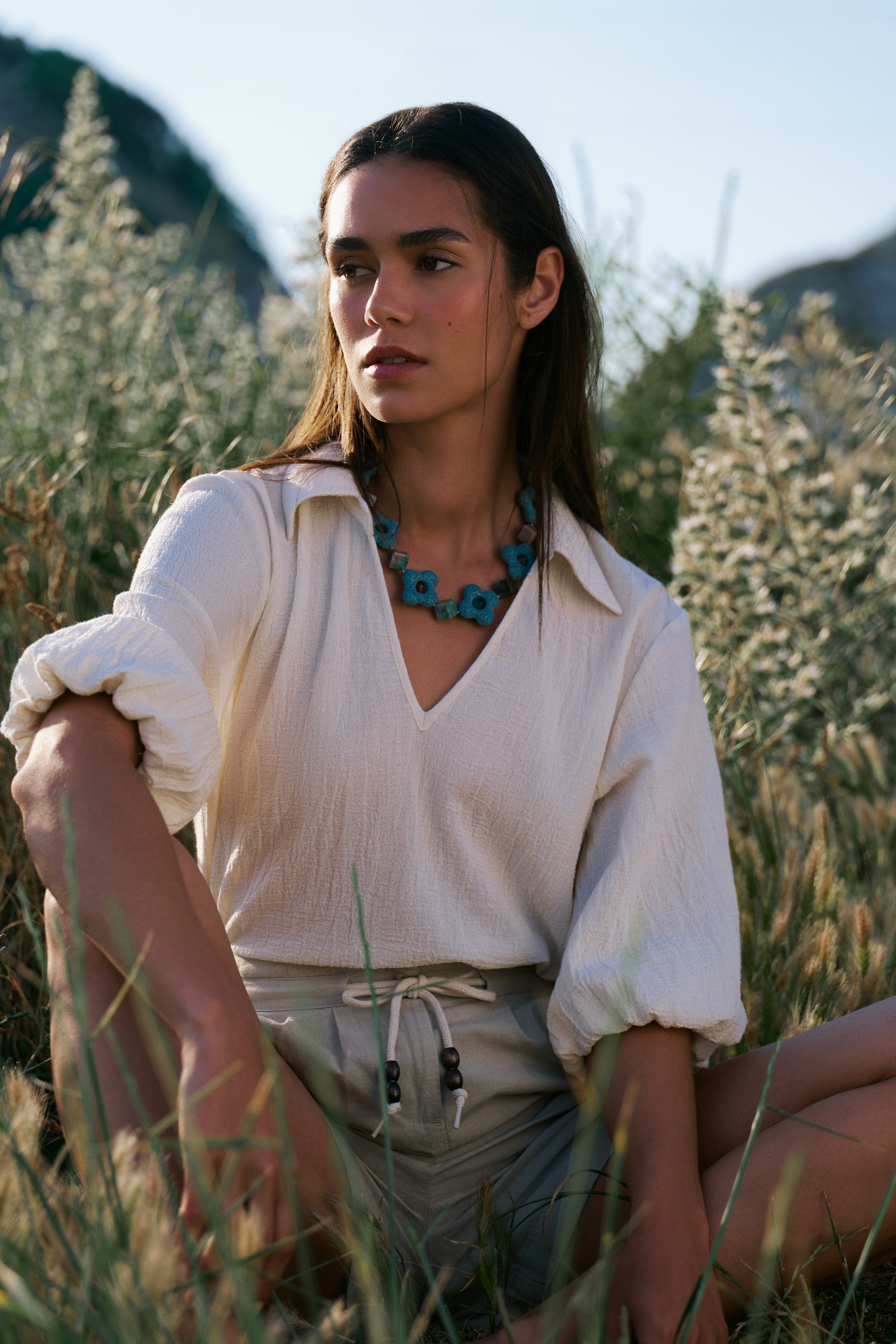 ŞİLE BEZİ - V YAKA UZUN KOLLU BLUZ