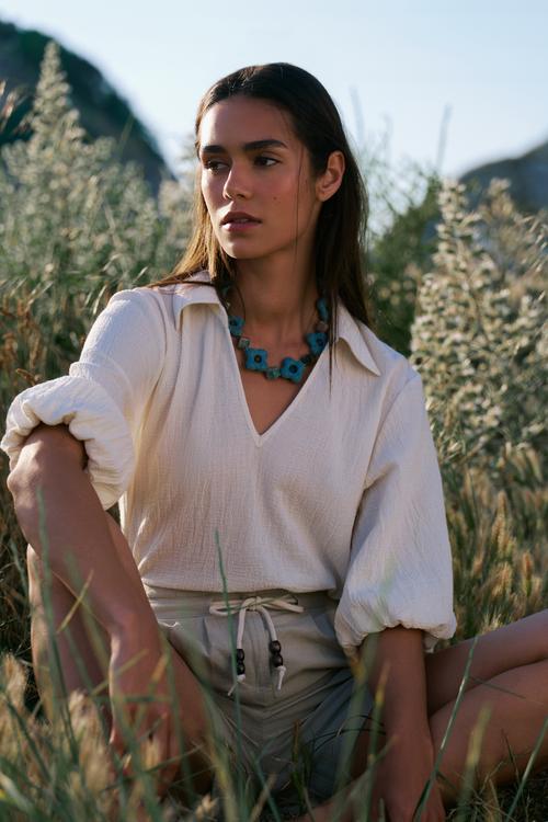  ŞİLE BEZİ - V YAKA UZUN KOLLU BLUZ