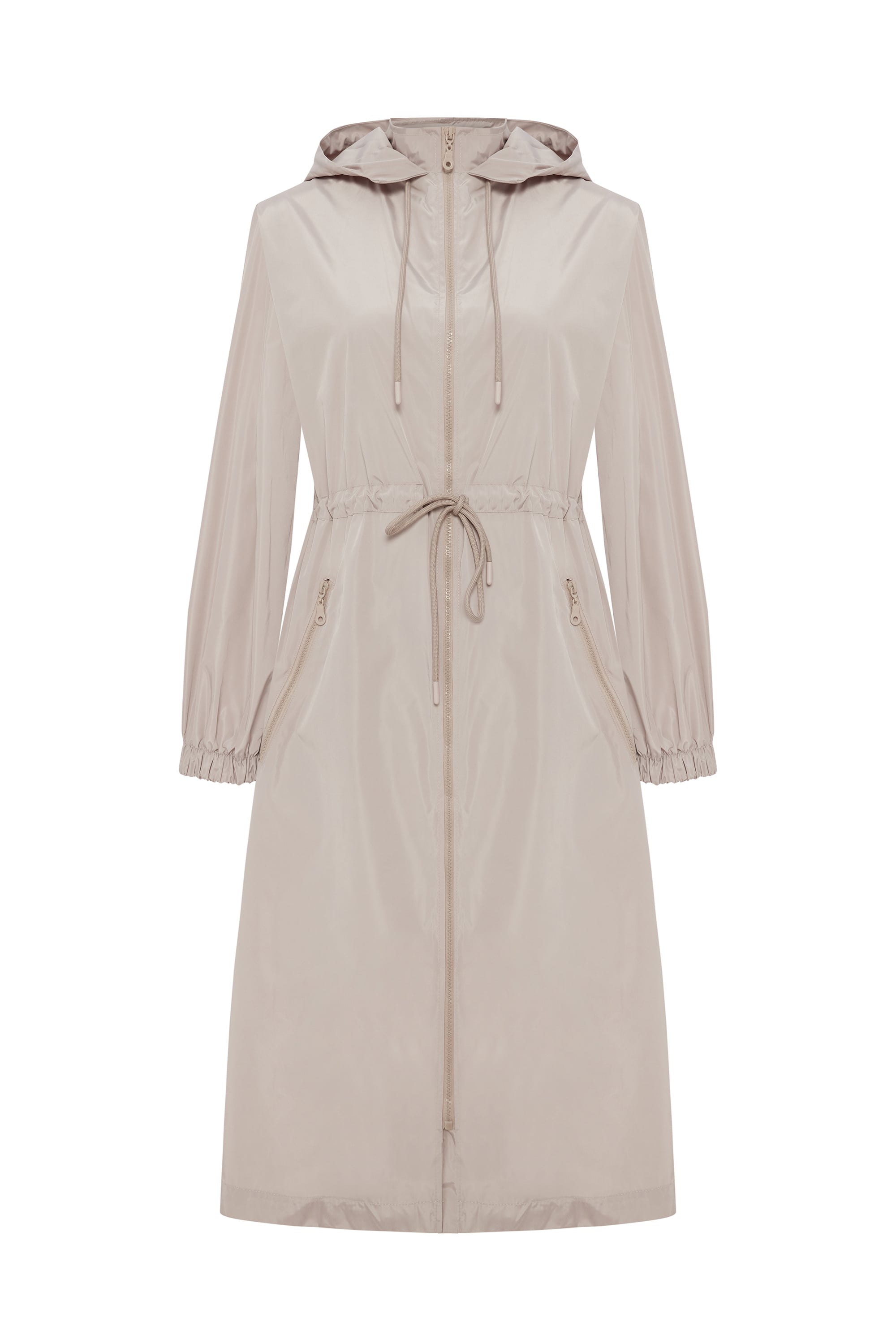 BELİ BAĞLAMALI KAPÜŞONLU UZUN YAĞMURLUK