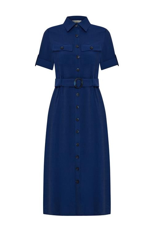 KEMER DETAYLI DÜĞMELİ MİDİ ELBİSE