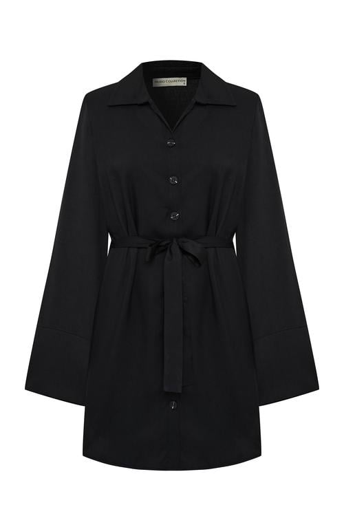  BAĞLAMA DETAYLI DÜĞMELİ MİDİ ELBİSE