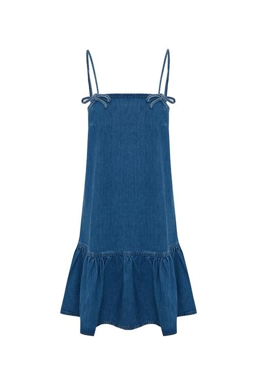  VOLANLI ASKILI MİNİ JEAN ELBİSE