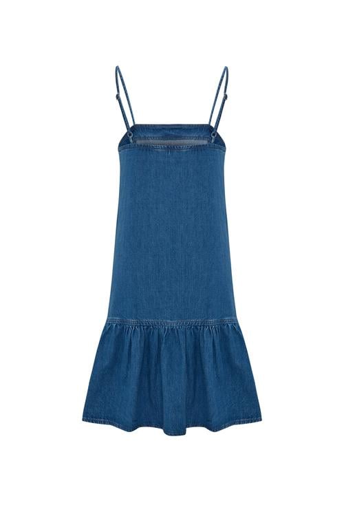  VOLANLI ASKILI MİNİ JEAN ELBİSE