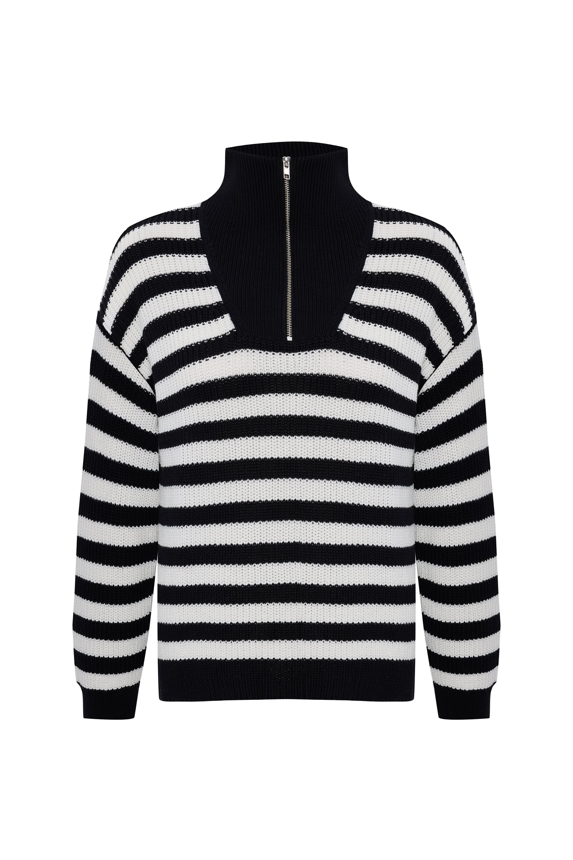 FERMUARLI DİK YAKA ÇİZGİLİ KAZAK