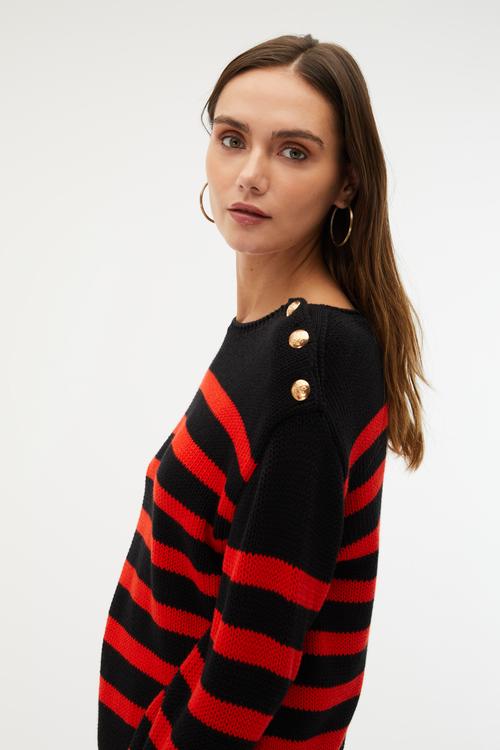 ÇİZGİLİ BİSİKLET YAKA DÜĞME DETAYLI KAZAK