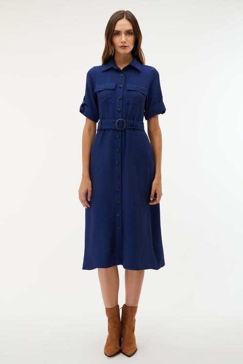 KEMER DETAYLI DÜĞMELİ MİDİ ELBİSE