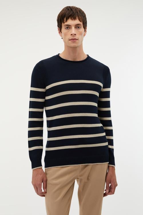 BİSİKLET YAKA ÇİZGİLİ KAZAK