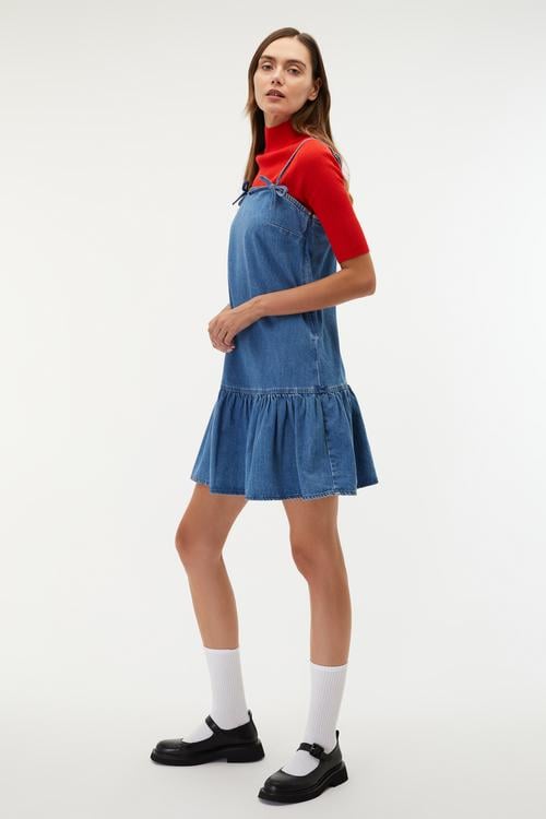 VOLANLI ASKILI MİNİ JEAN ELBİSE