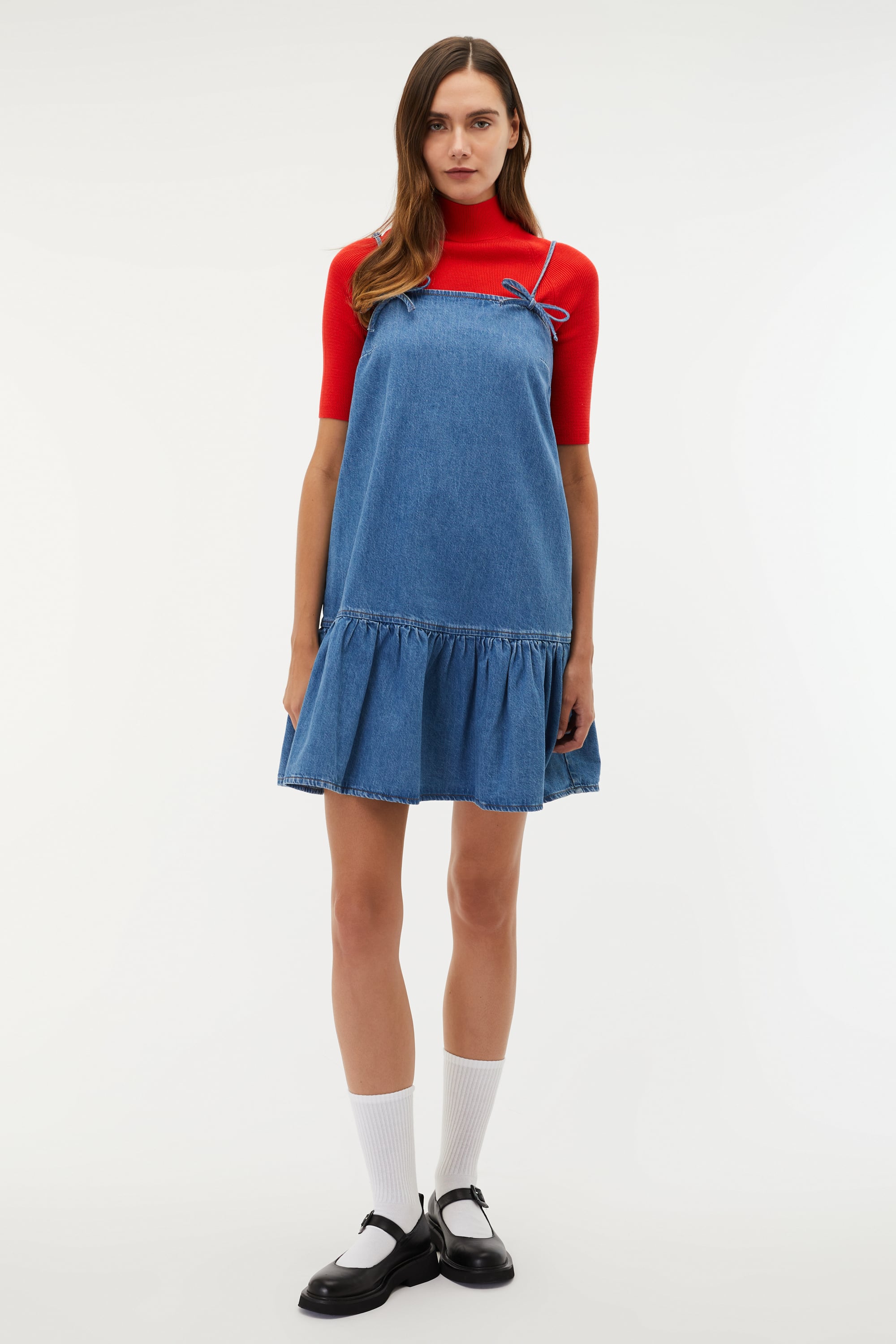 VOLANLI ASKILI MİNİ JEAN ELBİSE