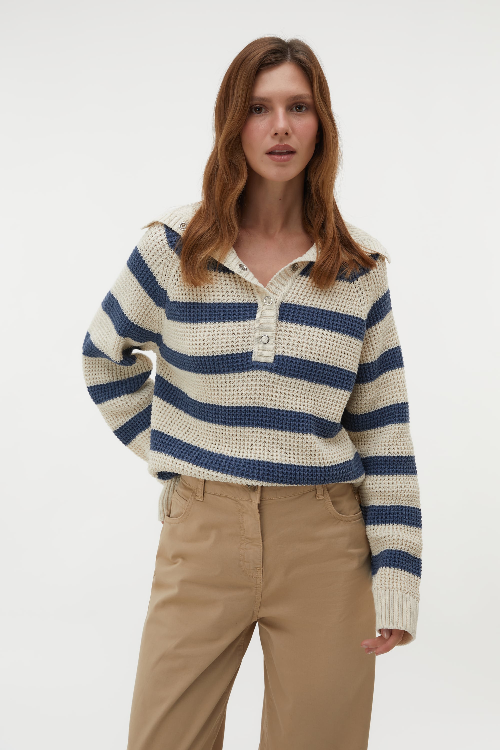 ÇİZGİLİ YAKA DETAYLI LOOSE FIT KAZAK