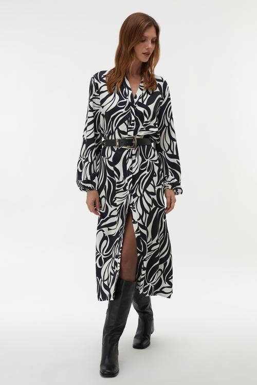 BASKILI MİDİ GÖMLEK ELBİSE