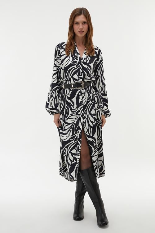 BASKILI MİDİ GÖMLEK ELBİSE