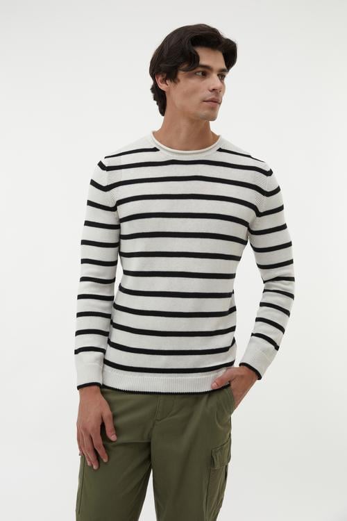 BİSİKLET YAKA ÇİZGİLİ KAZAK