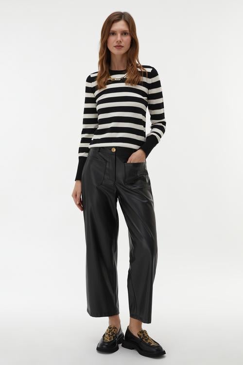 DERİ GÖRÜNÜMLÜ CROPPED FLARE PANTOLON