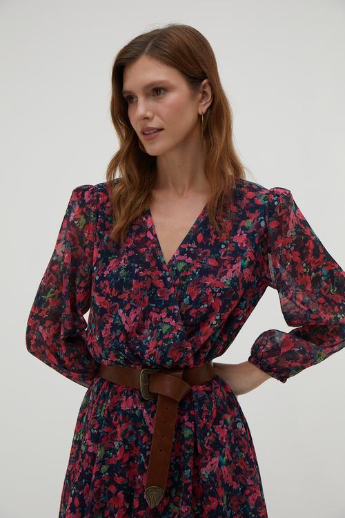  BASKILI BELİ KUŞAKLI MİNİ ELBİSE