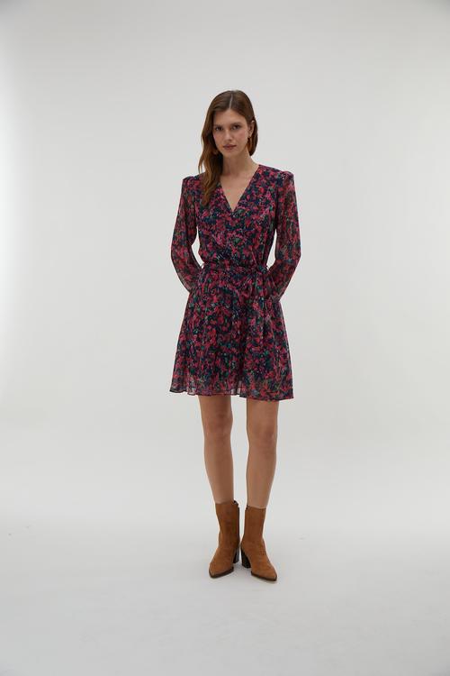  BASKILI BELİ KUŞAKLI MİNİ ELBİSE