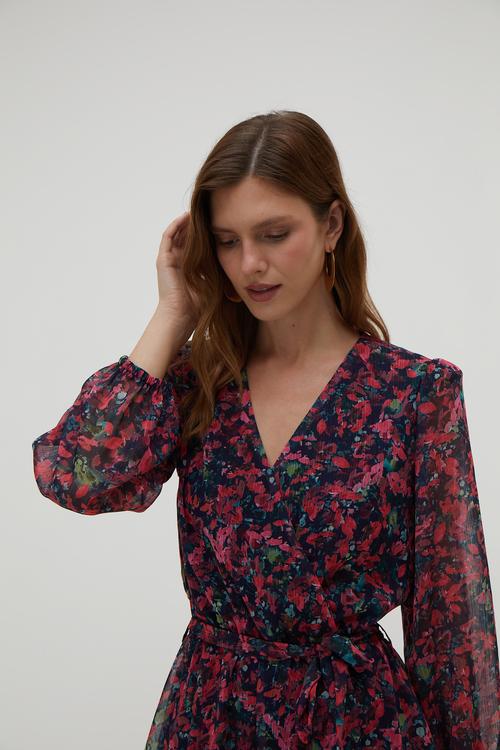  BASKILI BELİ KUŞAKLI MİNİ ELBİSE