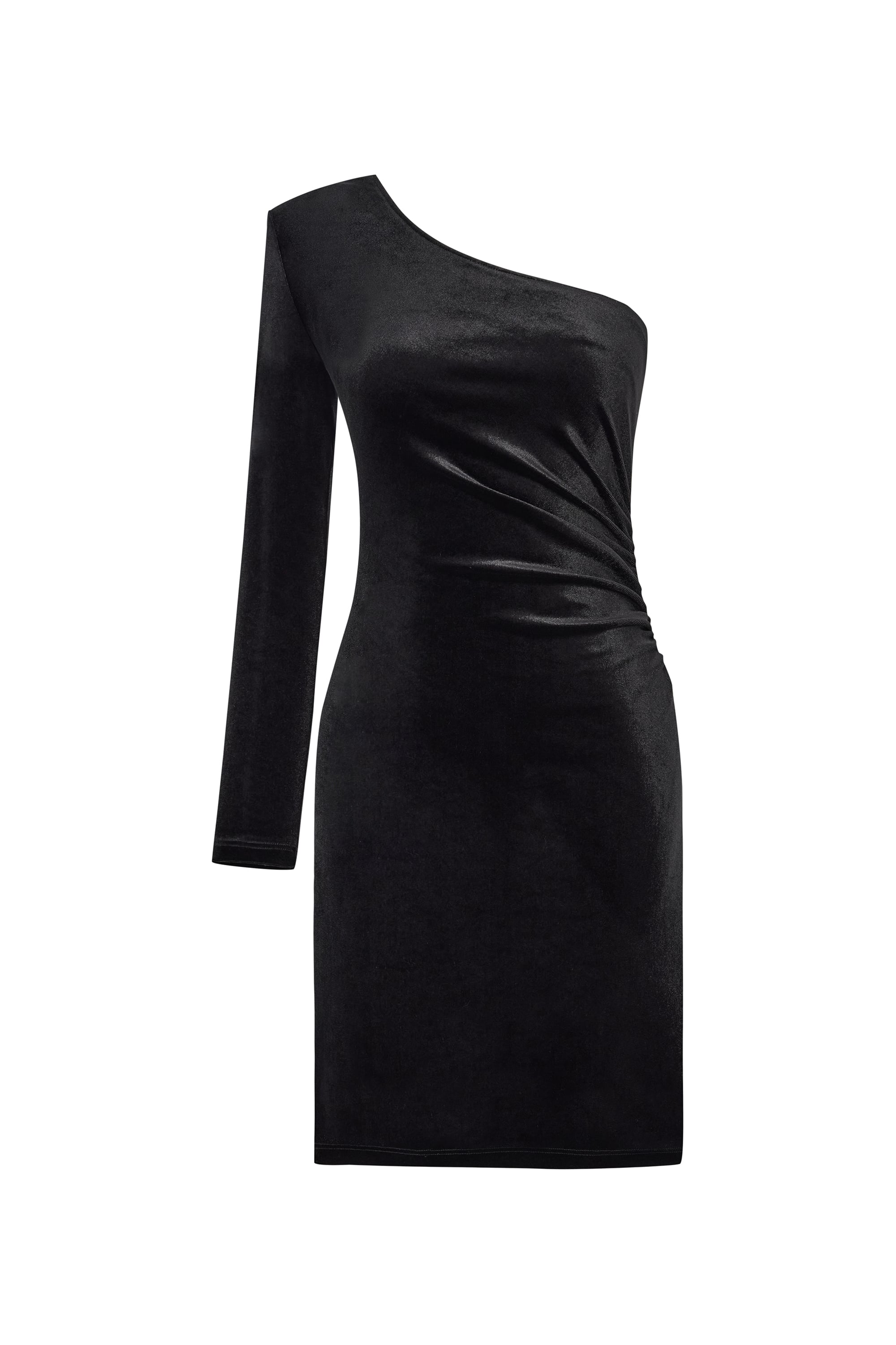 KADİFE DOKULU TEK OMUZ MİNİ ELBİSE