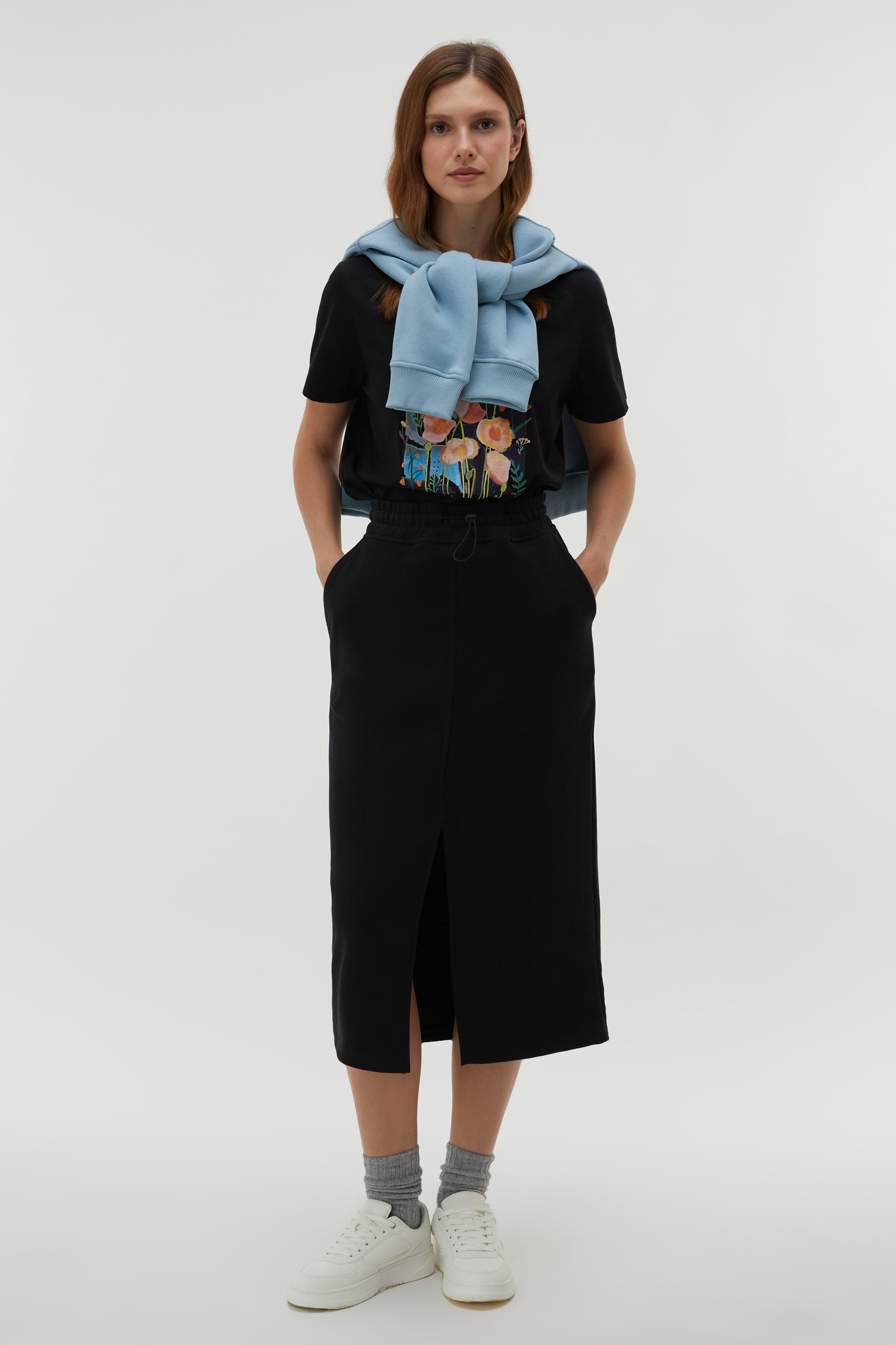 BELİ LASTİKLİ YIRTMAÇLI MİDİ ETEK