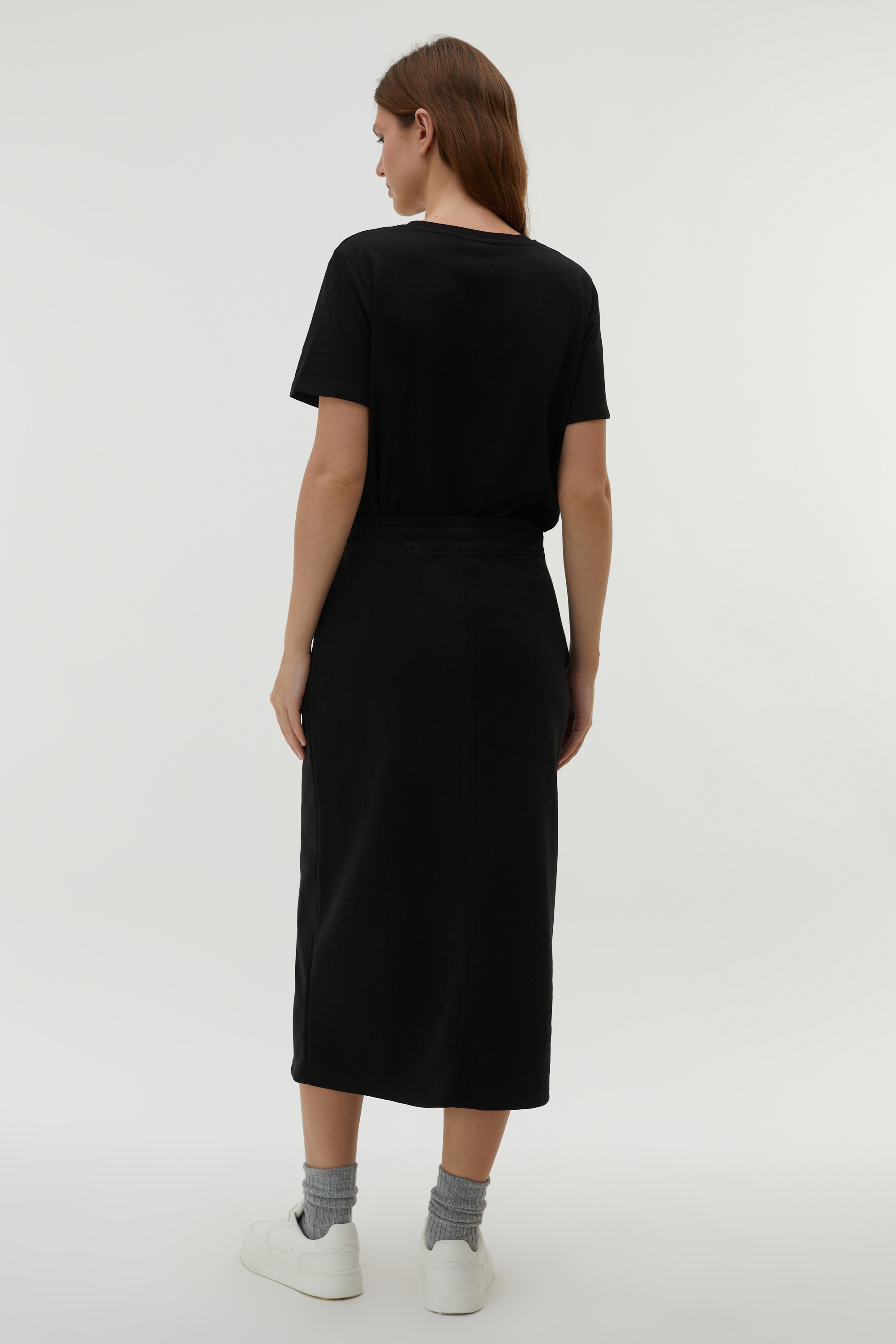 BELİ LASTİKLİ YIRTMAÇLI MİDİ ETEK