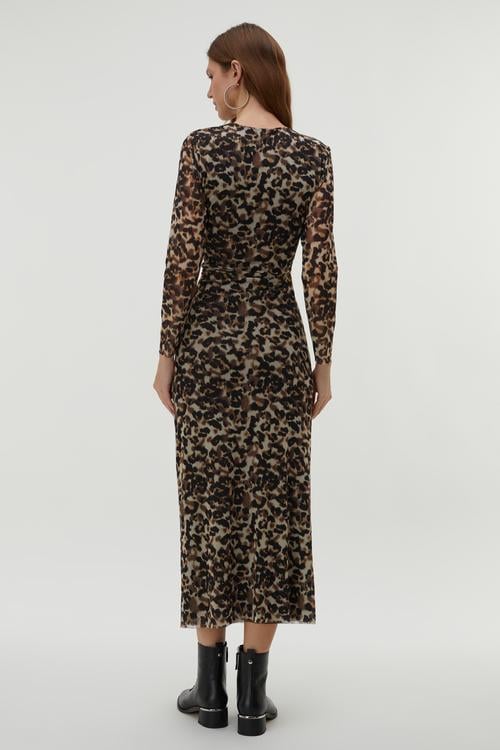 LEOPAR BASKILI MİDİ TÜL ELBİSE
