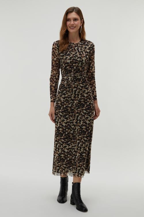 LEOPAR BASKILI MİDİ TÜL ELBİSE
