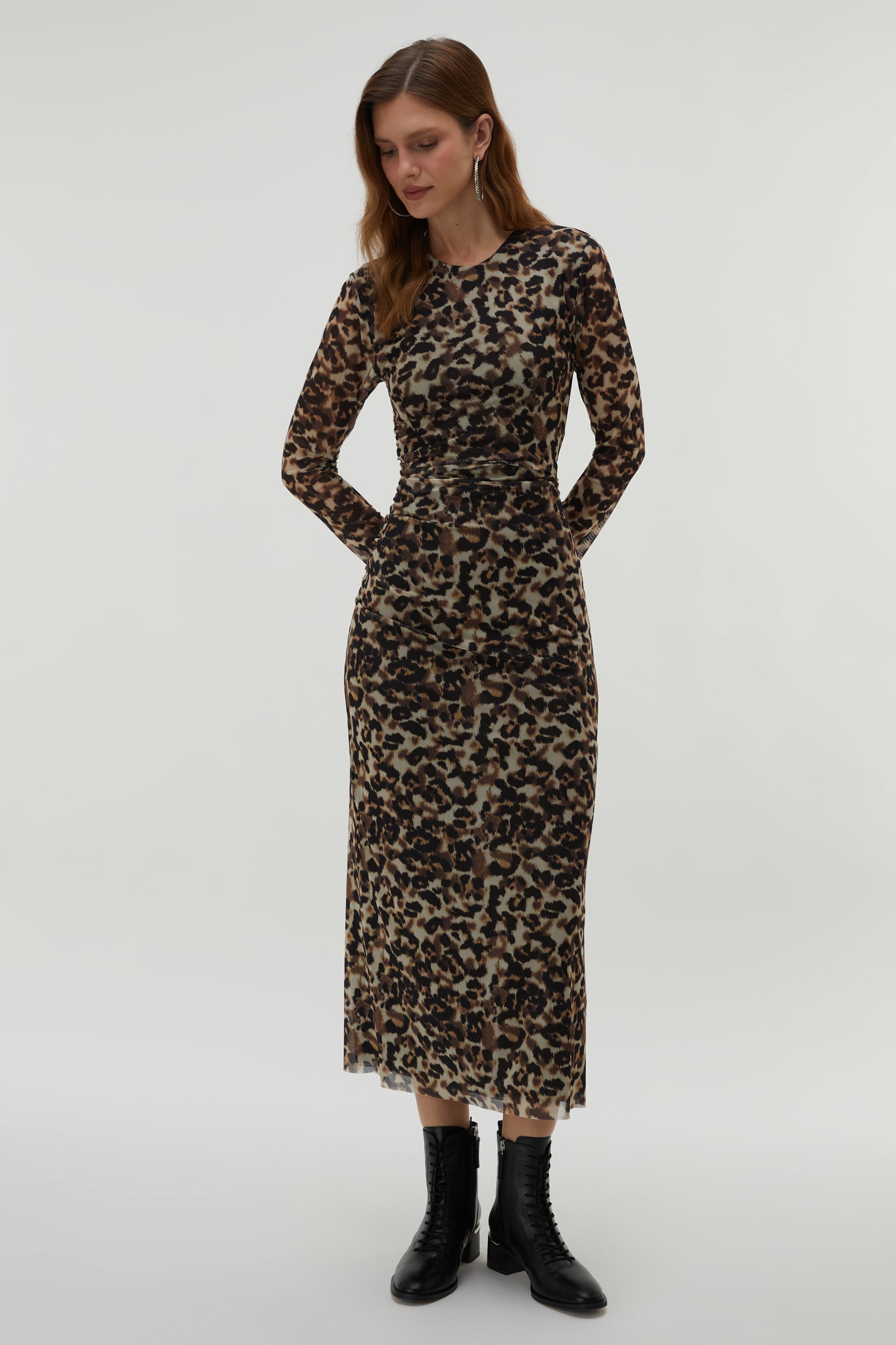 LEOPAR BASKILI MİDİ TÜL ELBİSE