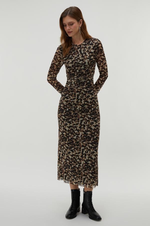 LEOPAR BASKILI MİDİ TÜL ELBİSE