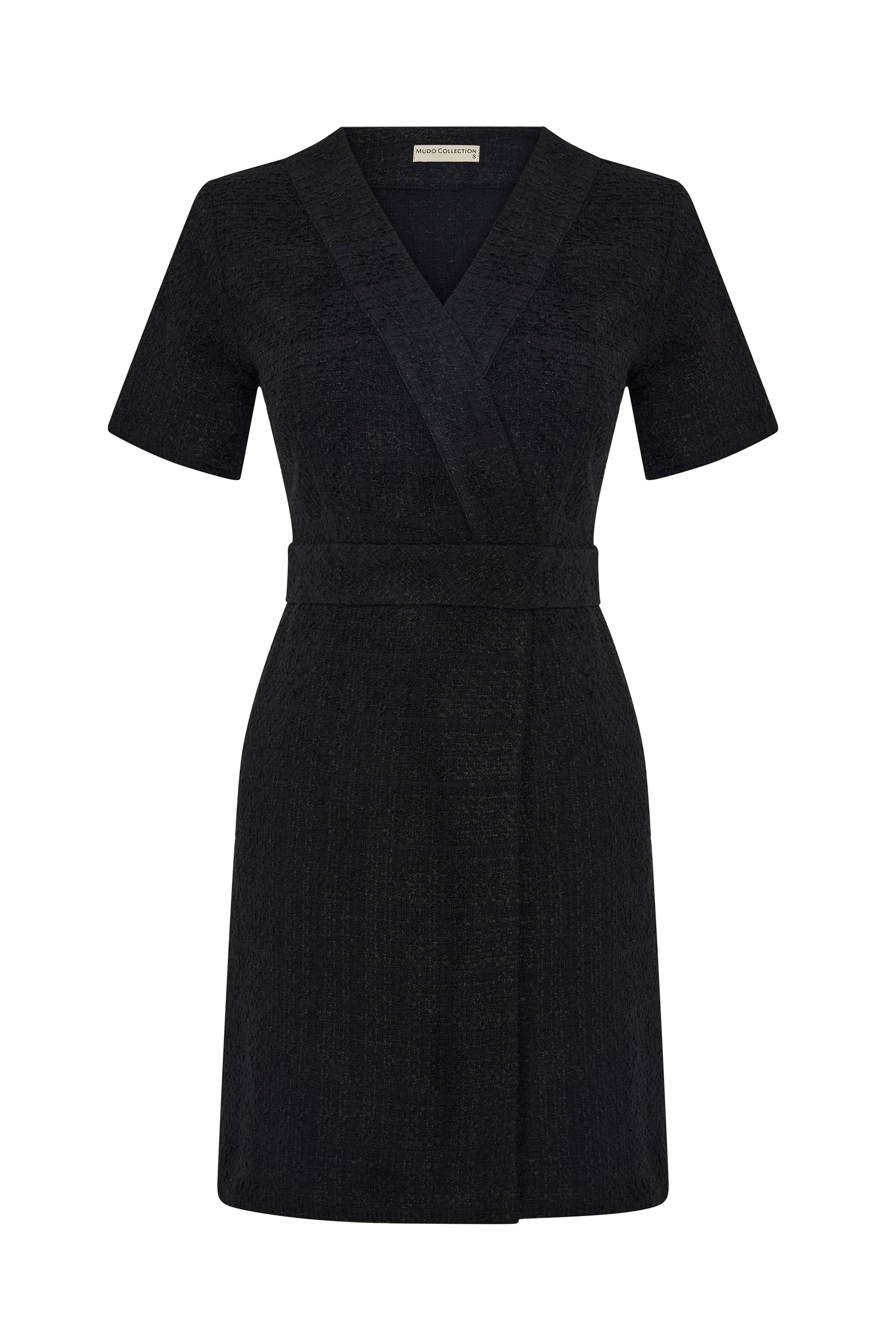 BEL DETAYLI KISA KOLLU MİNİ ELBİSE