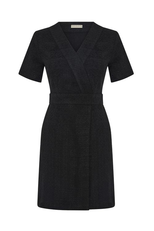  BEL DETAYLI KISA KOLLU MİNİ ELBİSE