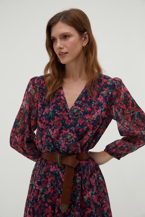  BASKILI BELİ KUŞAKLI MİNİ ELBİSE