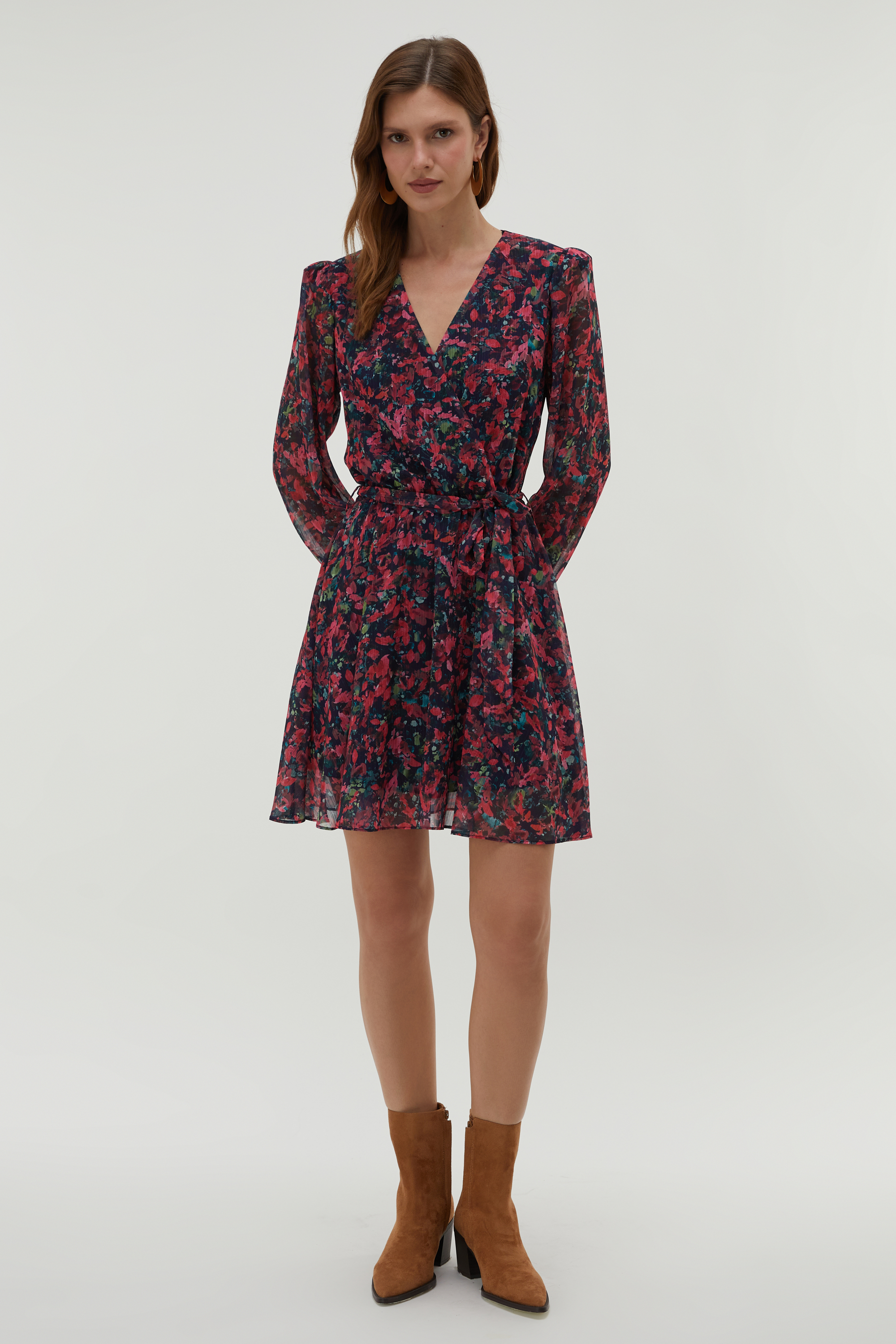 BASKILI BELİ KUŞAKLI MİNİ ELBİSE