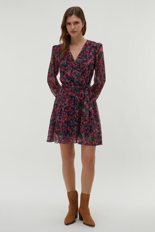  BASKILI BELİ KUŞAKLI MİNİ ELBİSE