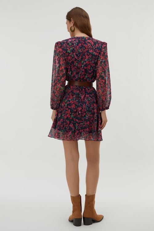  BASKILI BELİ KUŞAKLI MİNİ ELBİSE