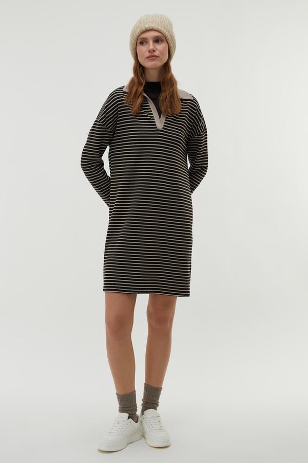 ÇİZGİLİ POLO YAKA MİNİ ELBİSE