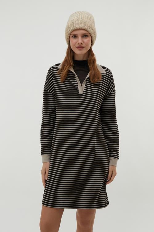 ÇİZGİLİ POLO YAKA MİNİ ELBİSE